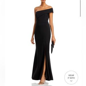 Aqua Scuba Crepe Off the Shoulder Gown, Black, 4